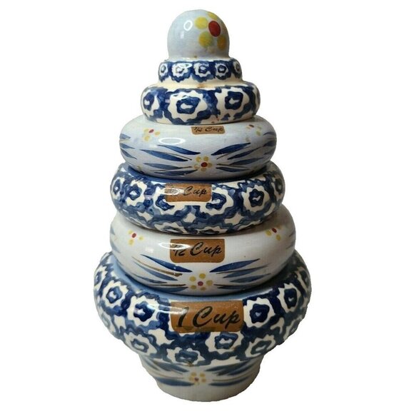 Temptations Old World Stackable Tree Measuring Cup Set Ceramic 4-Piece Blue - Picture 1 of 6